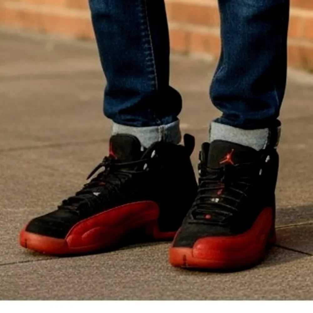 NIKE AIR JORDAN 12 RETRO Boys Black & Red Sneakers - Size: 5Y